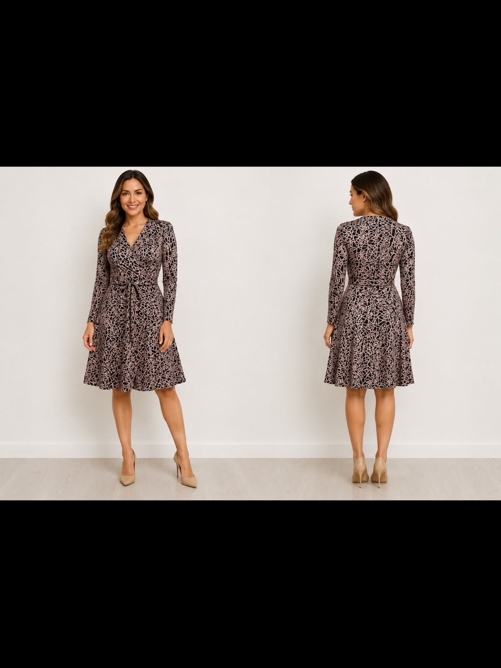 Diane Von Furstenberg Black and Blush Script-Print Wrap Dress